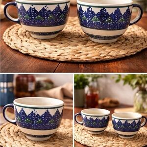 Blue and White Patterned Ceramic Mugs Polish pottery Bolesławiec